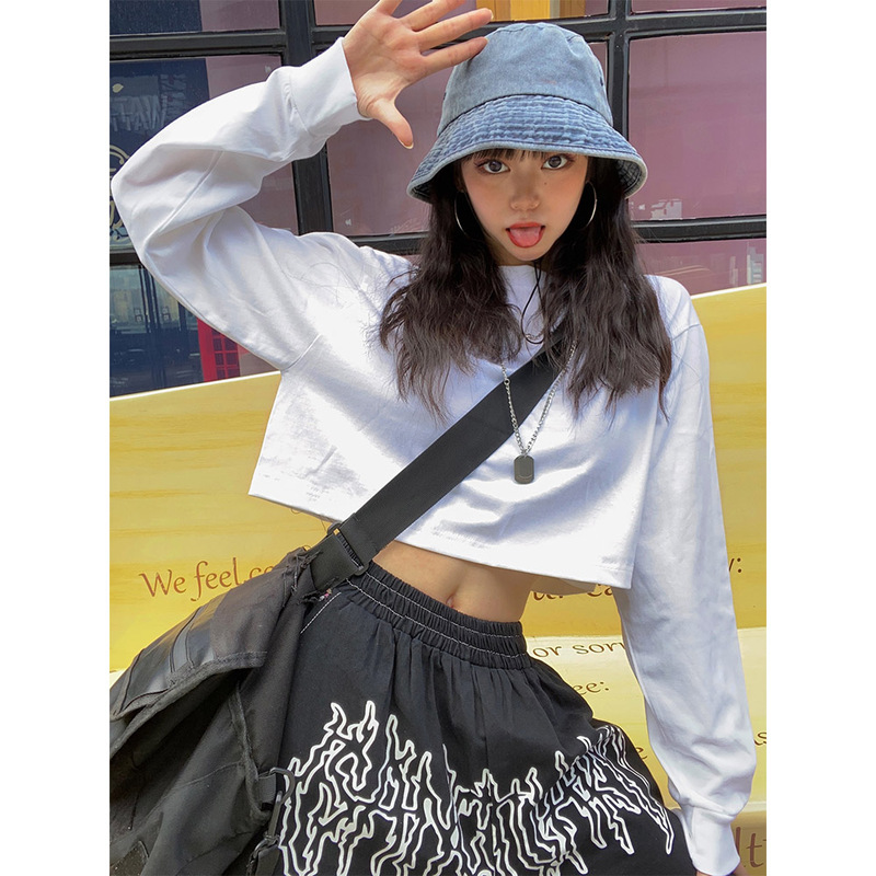 Mi Qiu Lin National Trend Solid Color European and American Style ins Sexy Street Dance Jazz Loose Short Cropped Long Sleeve T-Shirt Top