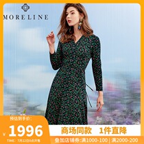 Mulan slim waist thin temperament light cooked wind floral dress womens knitted printed long-sleeved midi dress
