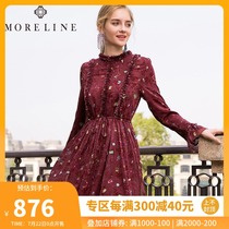 Mulanqiu pleated lace patchwork printed long-sleeved dress womens stand-up collar midi dress