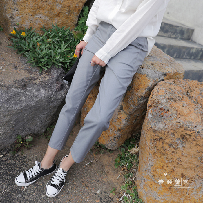 Light grey minimalist casual Western pants 90% pants working pants OL Women summer ~ loose straight drum pants Career commuter pants