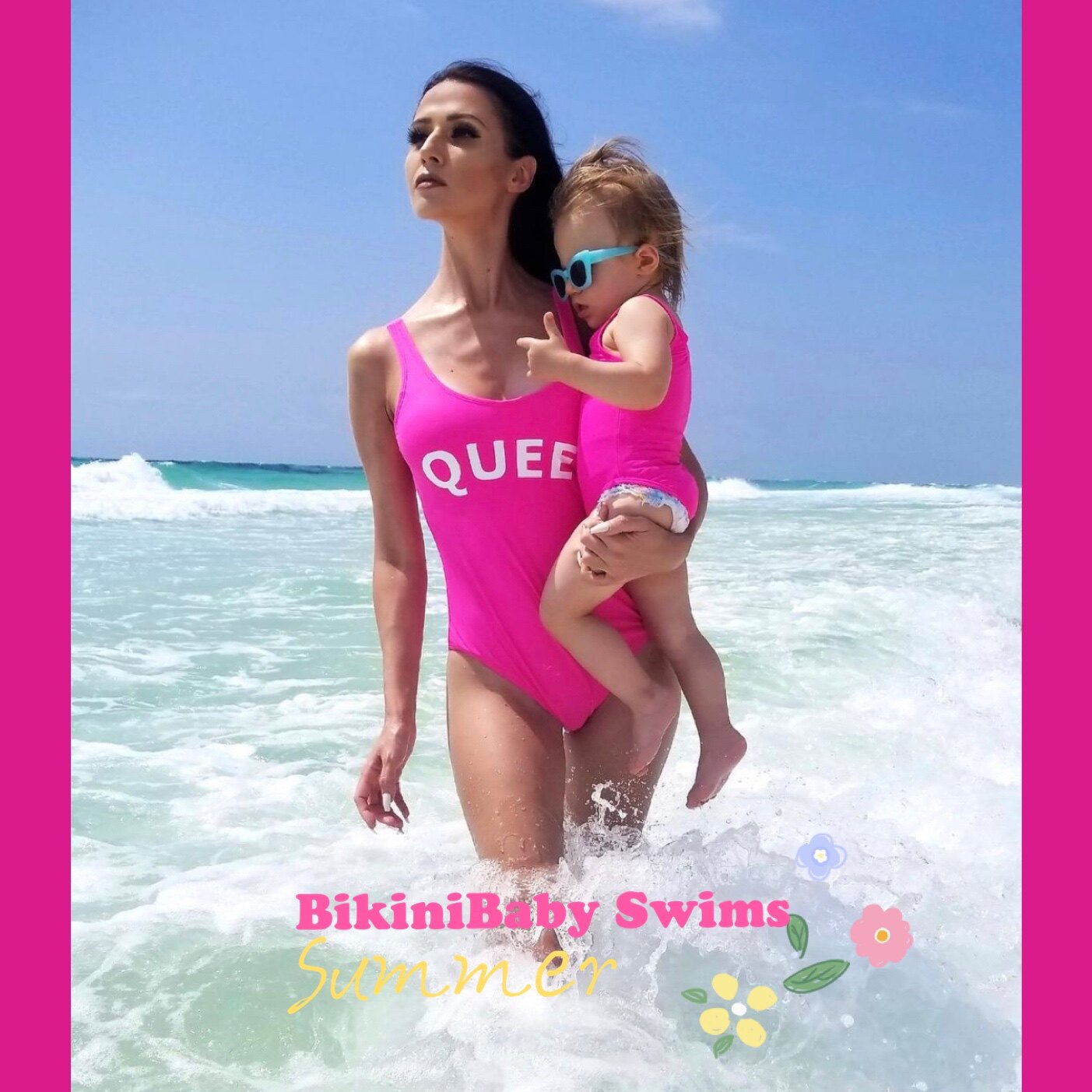 ins parent-child swimsuit pink letters conjoined swimsuit mother woman pure color beach pants holiday spa family of four 