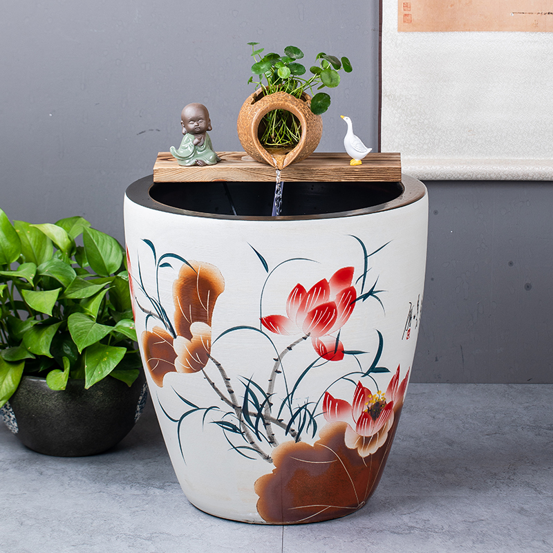 Large Ceramic Tank with Elevated Design for Living Room Balcony, Traditional Goldfish Tank, Clay Pot with Circulating Water for Landscaping, Vintage Water Tank