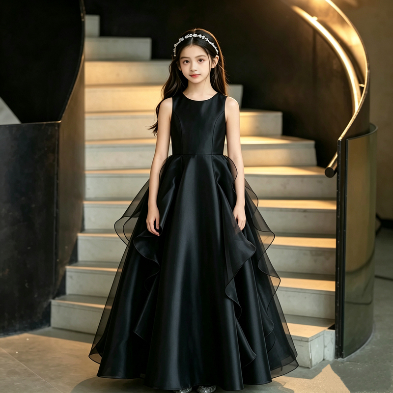Girls' Satin Piano and Violin Performance Dress, Black Grading Competition Host Runway Show Orchestra Dress