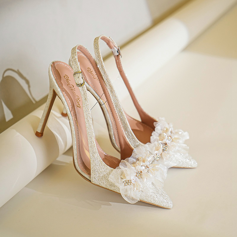 2026 Summer New French Style White Floral Wedding Shoes for Women, Stiletto Pointed Toe High Heels, Closed Toe Strap Sandals