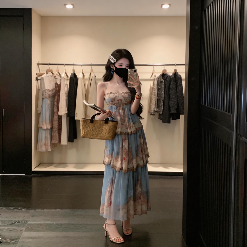 Thirteen Rows [Golden Coast] Summer Exotic European Style Vacation Print Flared Cake Dress Strap Dress for Women
