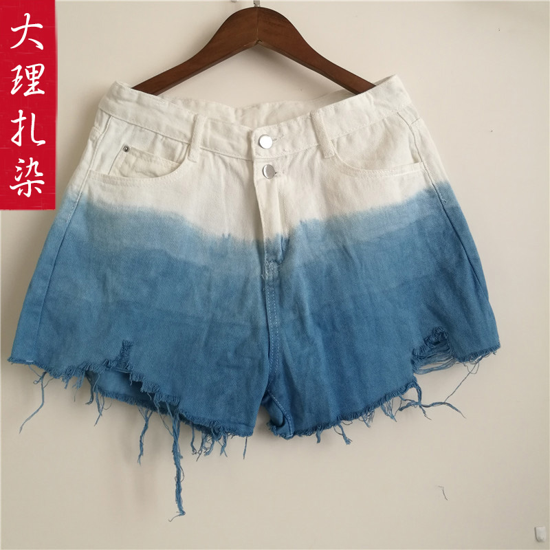 Tie-dyed jeans shorts women's hot pants ripped pants Yunnan Dali Bai nationality handmade blue dyed plant grass dyed pants