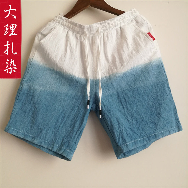 Tie-dyed shorts men's trousers summer casual five-point trousers Yunnan Dali Bai nationality hand-dyed blue-dyed plant-dyed trousers