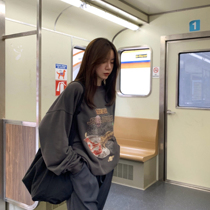 LIL CHER gray pullover sweater WOMENs spring and autumn thin section loose Korean VERSION of retro lazy wind printed long-sleeved top