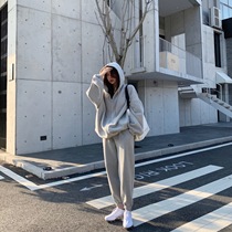 LIL CHER Hooded zipper sweater jacket drawstring sweater pants suit womens spring and autumn Korean version loose lazy wind top