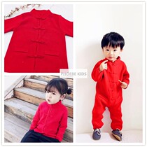 Infant childrens autumn and winter Chinese style handmade button knitted cardigan baby New Years greetings red cotton wool jumpsuit romper