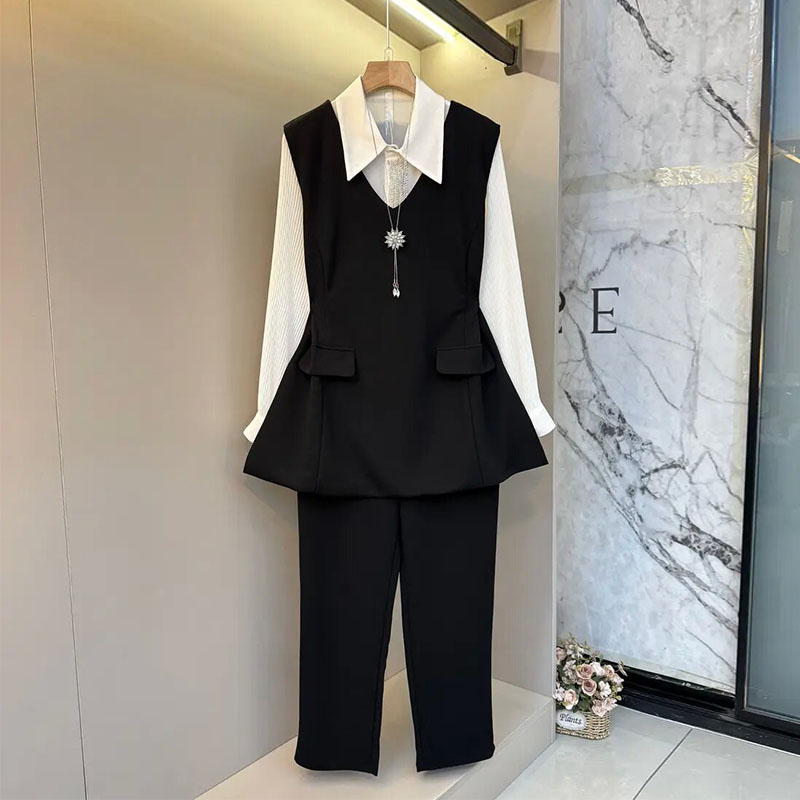 V-neck waistcoat, lapel shirt, straight trousers