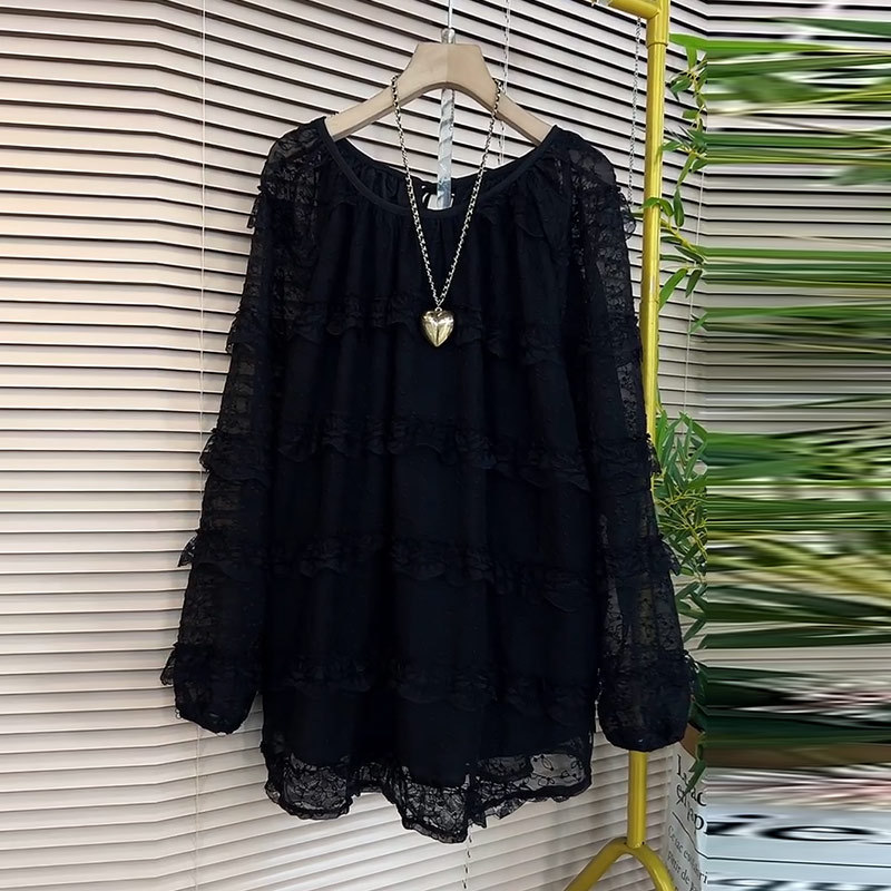Fat Girl's Black Loose-Fitting, Slimming, Casual, Versatile Plus-Size Women's Fashion Lace-Trimmed Long-Sleeved Top