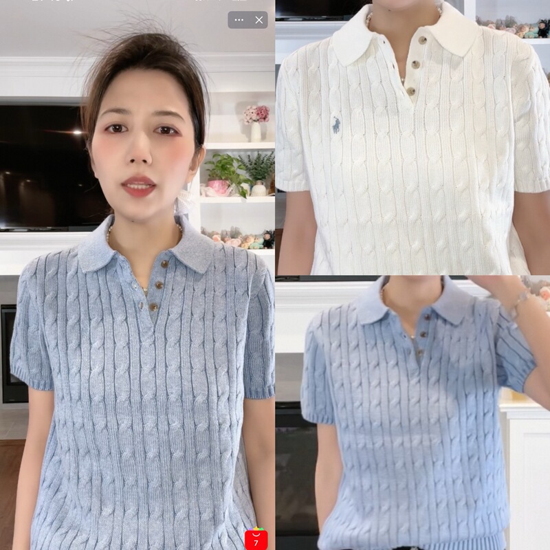 Ralph Lauren Three-Button Short-Sleeve Polo Collar Cable Knit Sweater