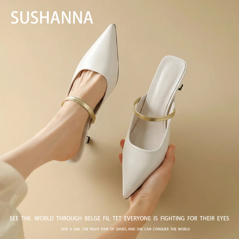 2026 New Style French Pointed-Toe Mules for Women, with Thin Heels, Metal Strap, High-End Look, Slimming Effect