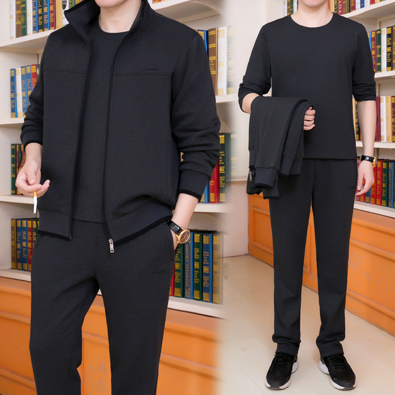 中老年运动服春秋季大码男中年三件套休闲跑步服开衫卫衣纯棉套装