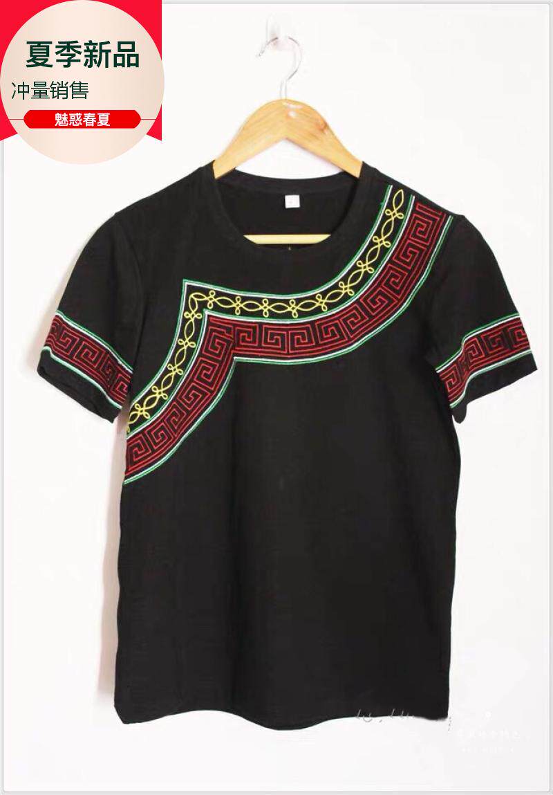 Cool Mountain Yi Clothing Pure Cotton Embroidery Short Sleeve T-shirt Male and female with the same black T-shirt patterned national wind
