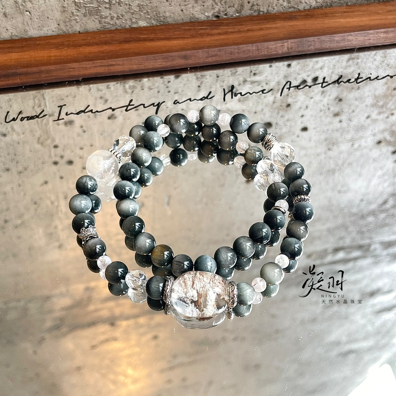 High-Quality Cat's Eye Effect Eagle's Eye Stone White Ghost Egg Surface Snowflake Ghost White Crystal Double-Circle Bracelet High-Quality Cat's Eye Effect Eagle's Eye Stone White Ghost Egg Surface Snowflake Ghost White Crystal Double-Circle Bracelet