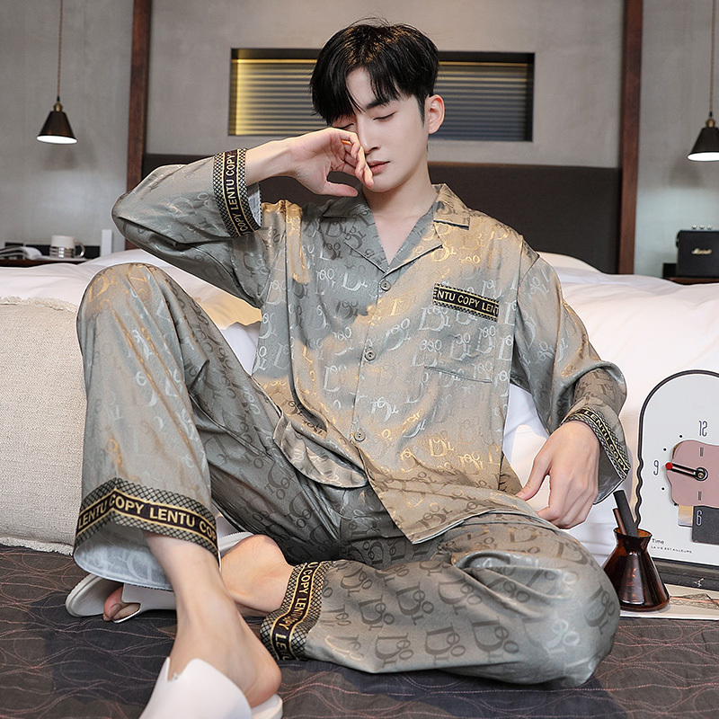 Victoria High-End Men's Pajamas Men's Ice Silk Long-Sleeved New Autumn Authentic Large Size Home Wear Set