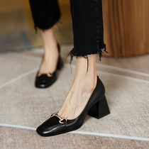 Lavard remembers you ~ 2021 genuine leather square head horse rank buckle coarse heel single shoe 100 lap high heel shoe woman