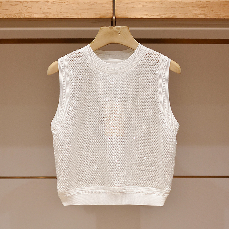 French-Style Outerwear Vest for Women 2026 Summer New Round Neck Sleeveless Top Sequin Hollow Knit Top Stunning Women's Top