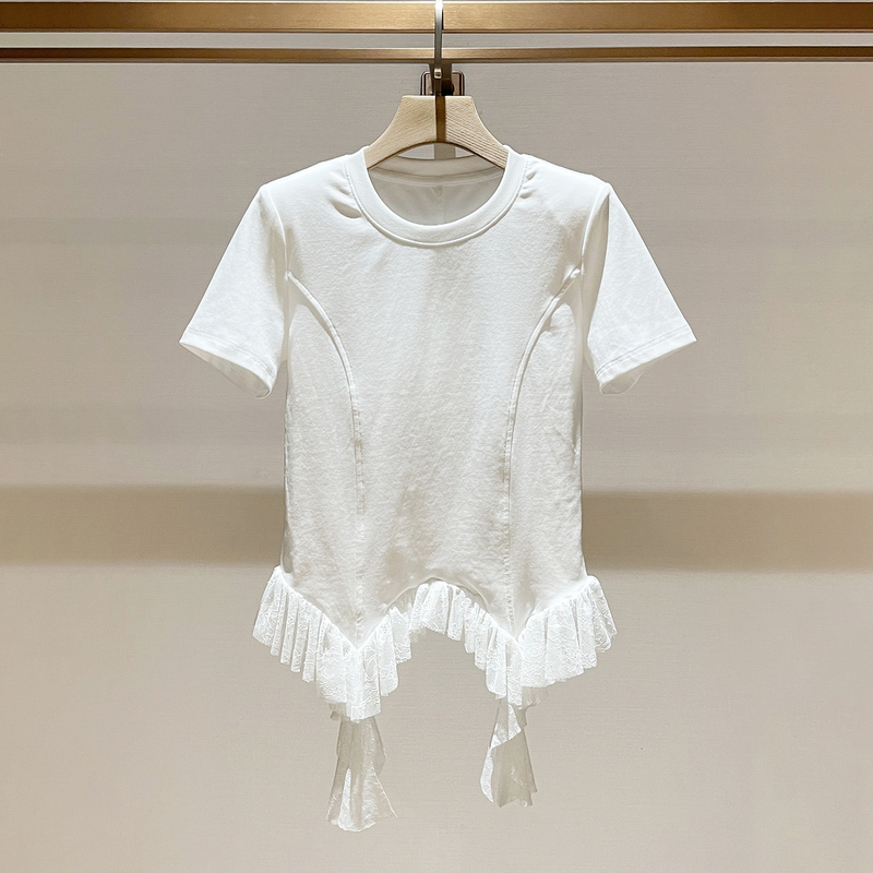 Elegant White Short-Sleeve T-Shirt for Women, Summer 2026 New Style, Lace Trim, Irregular Hem, Slimming Top