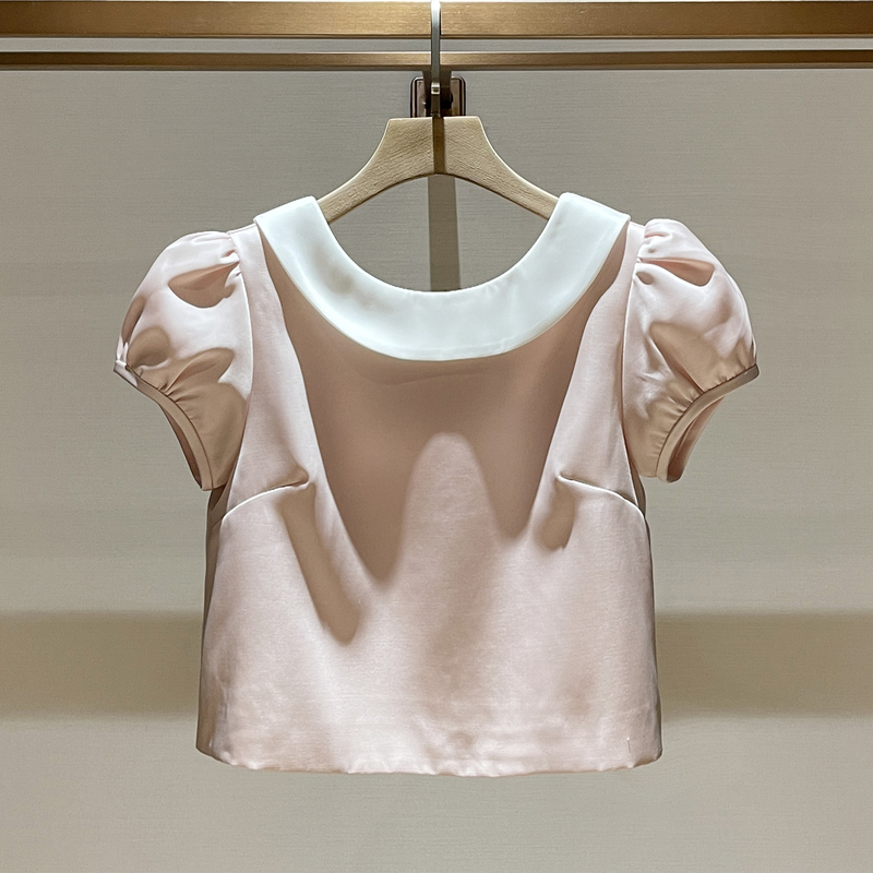 Light Luxury Sweet Style Lapel Puff Sleeve Shirt for Women, Summer 2026 New Pink Petite Age-Reducing Top