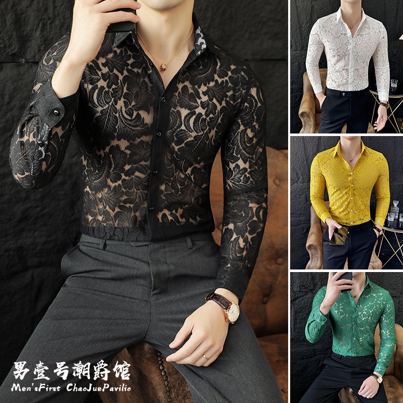 Spring Lace Shirt for Men, Long-Sleeved, High-End Trendy Brand Top, 2026 New Style, Hairstylist Trendy Brand, Cool and Handsome Shirt