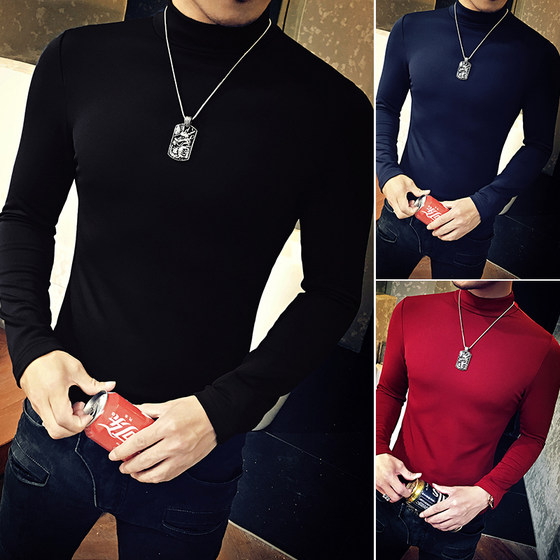 Autumn and winter clothes plus velvet thickened t-shirt men's long-sleeved top trendy ins slim fit inside warm guard clothes high-necked bottoming shirt