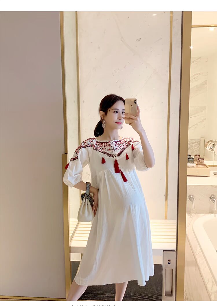 Đầm bà bầu mùa hè đầm suông thời trang quốc gia áo dài 2019 mới tay áo dài năm điểm - Áo thai sản đầm bầu công sở dáng dài