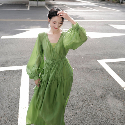 Rosewang | Forest Green Limited Edition | Airy and Light Large-Swing Dress with Lantern Sleeves, High-Waisted Long Skirt Two-Piece Set for Women Rosewang | Forest Green Limited Edition | Airy and Light Large-Swing Dress with Lantern Sleeves, High-Waisted Long Skirt Two-Piece Set for Women