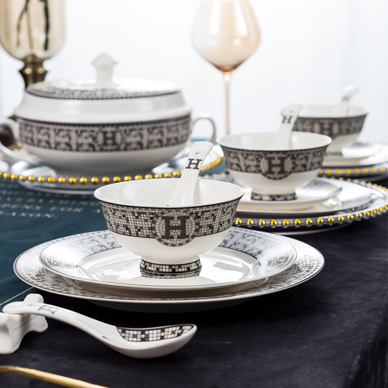 DIY Chinese-Style Ceramic Bowl Tableware for Home Use, High-End Single Bowl and Plate Set, Jingdezhen Gray Bowl and Plate Set, Bone China Noodle Bowl