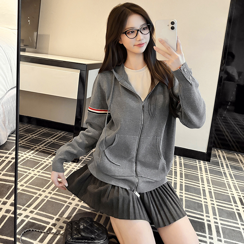 Trendy Brand Tb Double-Sleeve Color-Striped Hooded Knit Cardigan with Double-Zipper Jacket, College Style Couple's Unisex Sweater