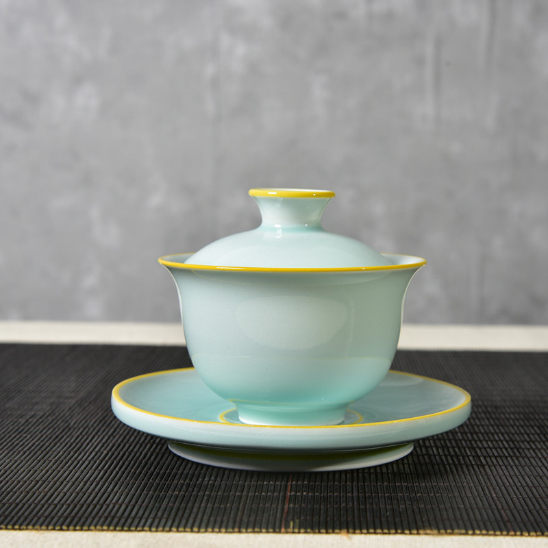 Longquan celadon high-end handmade three-cai bowl ceramic kung fu tea set Zheng Xudong red edge large tea bowl underglaze stroke