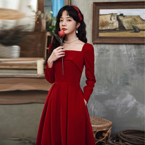 Pregnant women toast women long sleeve wine red high waist size fat mm belly belted autumn winter engagement back dress