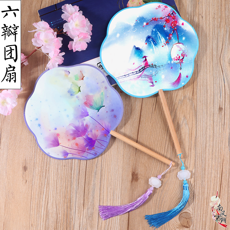 Children's group fan round wood handle ancient fan classical palace fan round fan retro style with female fan gig dance fan