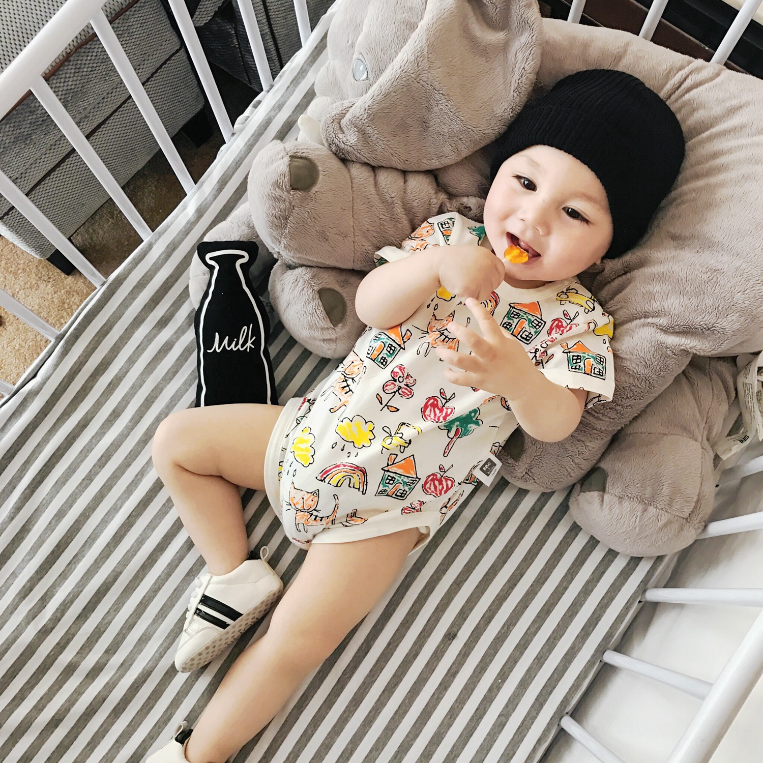Tam giác em bé Xiêm Wraps Cotton ngắn tay cao cổ sơ sinh Full Moon Cartoon In thun mùa hè - Áo liền quần quần áo trẻ sơ sinh thu đông