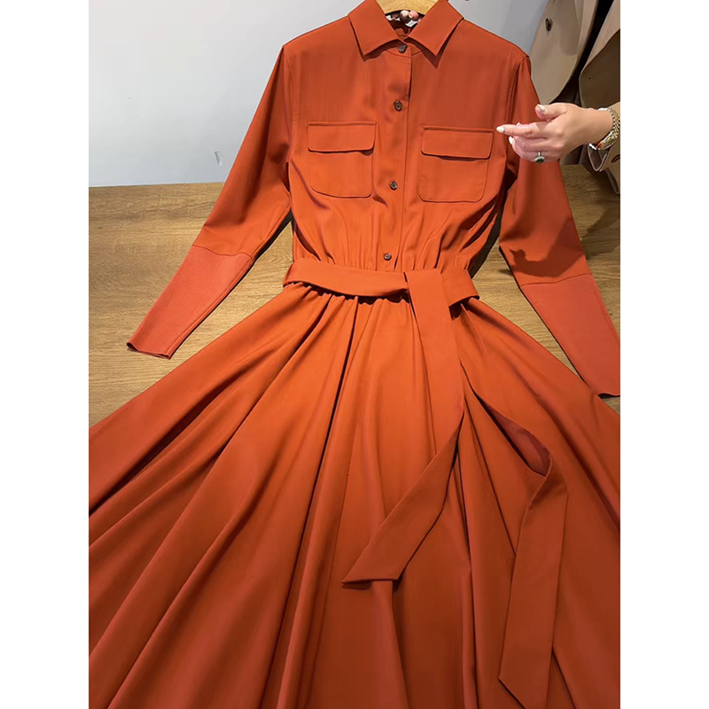 Gorgeous and Elegant Shirt Dress for Women, Long-Sleeved, Waist-Cinching, Tie-Up, Large Hem, Orange, High-End Feel, 2026 New Style