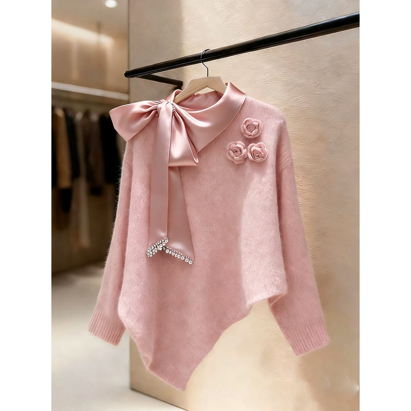 Niche Design Bow-Tie Collar Pink Knit Sweater for Women, Commuter Style, High-End, Elegant, Age-Reducing Sweater, Autumn 2026