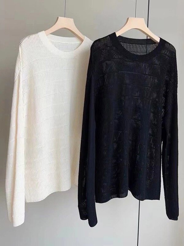 White Hollow-Out Ice Silk Knitted Sun Protection Cover-Up, Casual Thin Style, Niche Loose Lazy Style Long-Sleeved Sheer Top