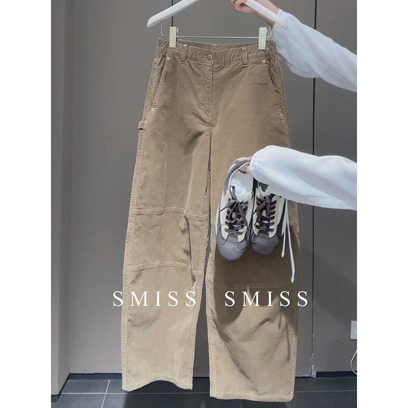 Minimalist High-Waisted Khaki Corduroy Wide-Leg Pants for Women, Workwear Style, Slimming Straight-Leg Pants, New for Autumn 2026