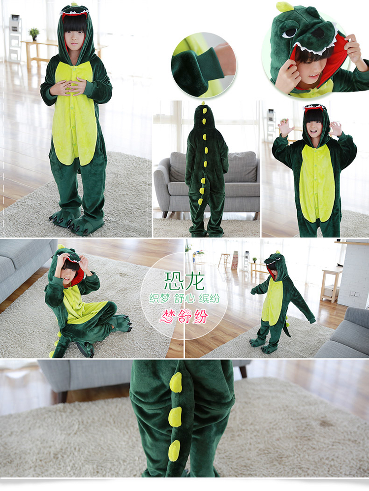 Giày dép flannel mùa thu và mùa đông dịch vụ nhà phù hợp với trẻ em khủng long dính liền đồ ngủ dễ thương phim hoạt hình nhà vệ sinh động vật phiên bản body giả vest cộc tay bé trai