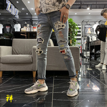 European station mens summer hot drill wear skull jeans 2019 new slim Korean version Joker little pants tide