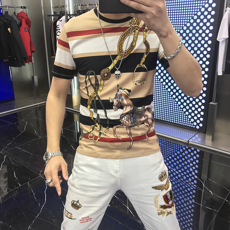 Short sleeve t-shirt male 2021 Summer new net red personality Leisure battle Horse printed bronzed and half sleeve T-shirt male trend