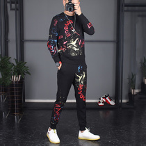 Mens sweater set mens 2019 new Korean tide sports leisure social printing sweater autumn two-piece set