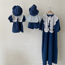 Pro-child dress Mother womens dress South Korean child clothes Ocean Gas Fried Street mother and son dress a three-point plaid baby Lions dress