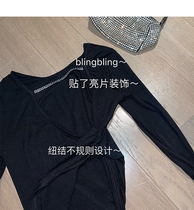 FairyJiang spring and summer black long-sleeved T-shirt women rhinestone design sense halter base shirt niche sexy top