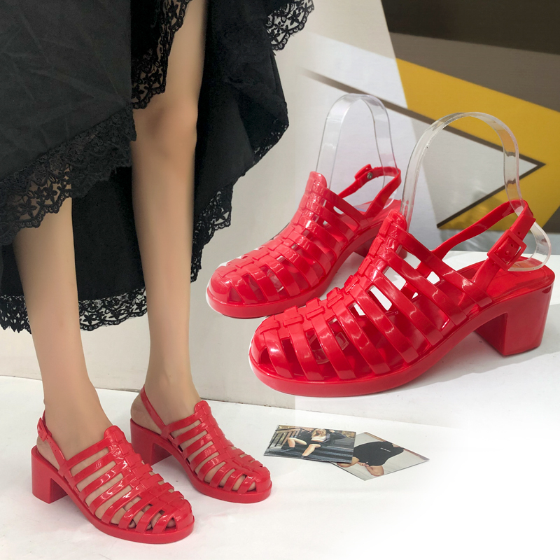 Summer New Style Sandals for Women, High Heels, Fashionable Princess Crystal Shoes, Roman Transparent Student Jelly Plastic Beach Rain Shoes