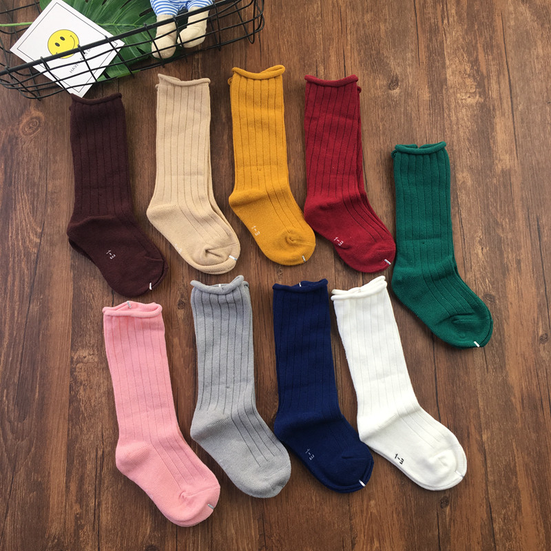 Middle and large children's vertical stripe rolled edge long tube socks Candy color loose socks Solid color bubble socks Spring and autumn children's socks Student socks