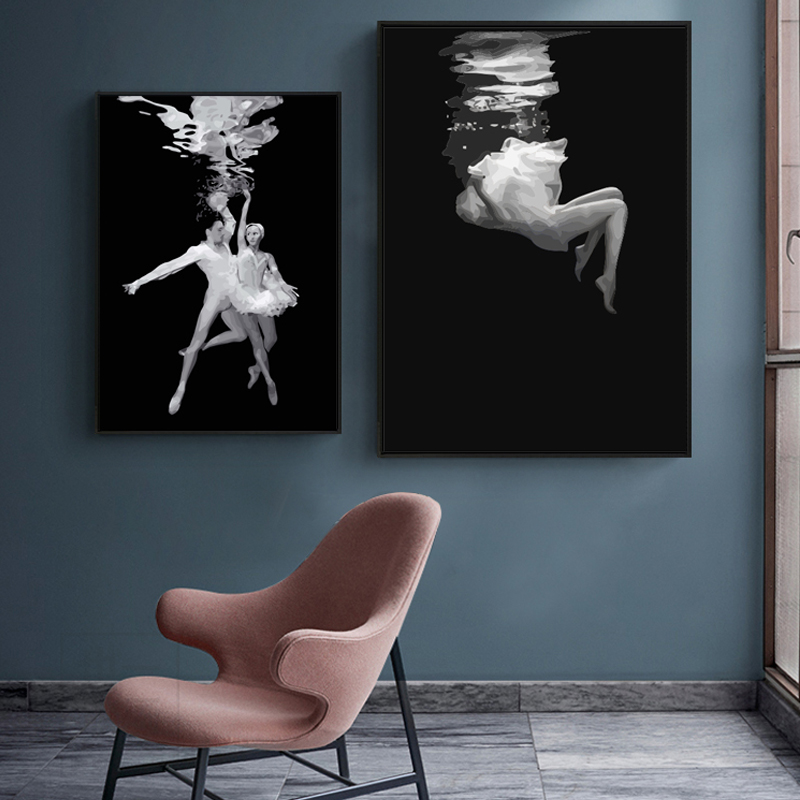 Water ballet digital oil painting black and white filled diy color oil painting Nordic hand-painted decorative painting hanging painting ins style