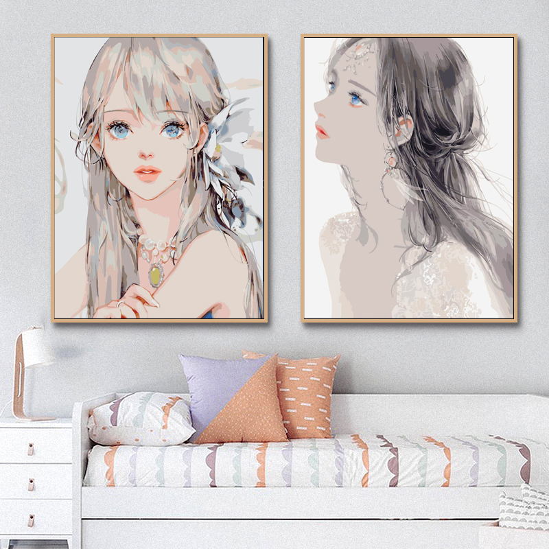 Cartoon girl DIY digital oil painting hand-painted fill decorative painting small fresh oil painting girl hand hanging picture INS